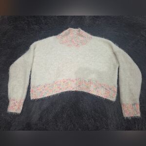 Free People Cream Fuzzy Turtleneck Sweater with Pastel Multicolor Trim